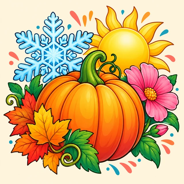 Pumpkin with autumn leaves flower sun and snowflake