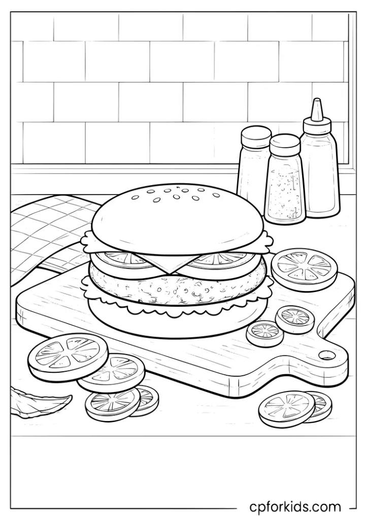 Homemade burger on a kitchen board coloring page