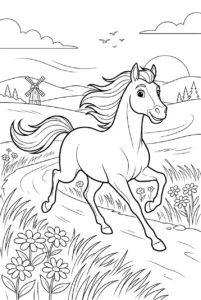 Horse galloping through a wildflower meadow