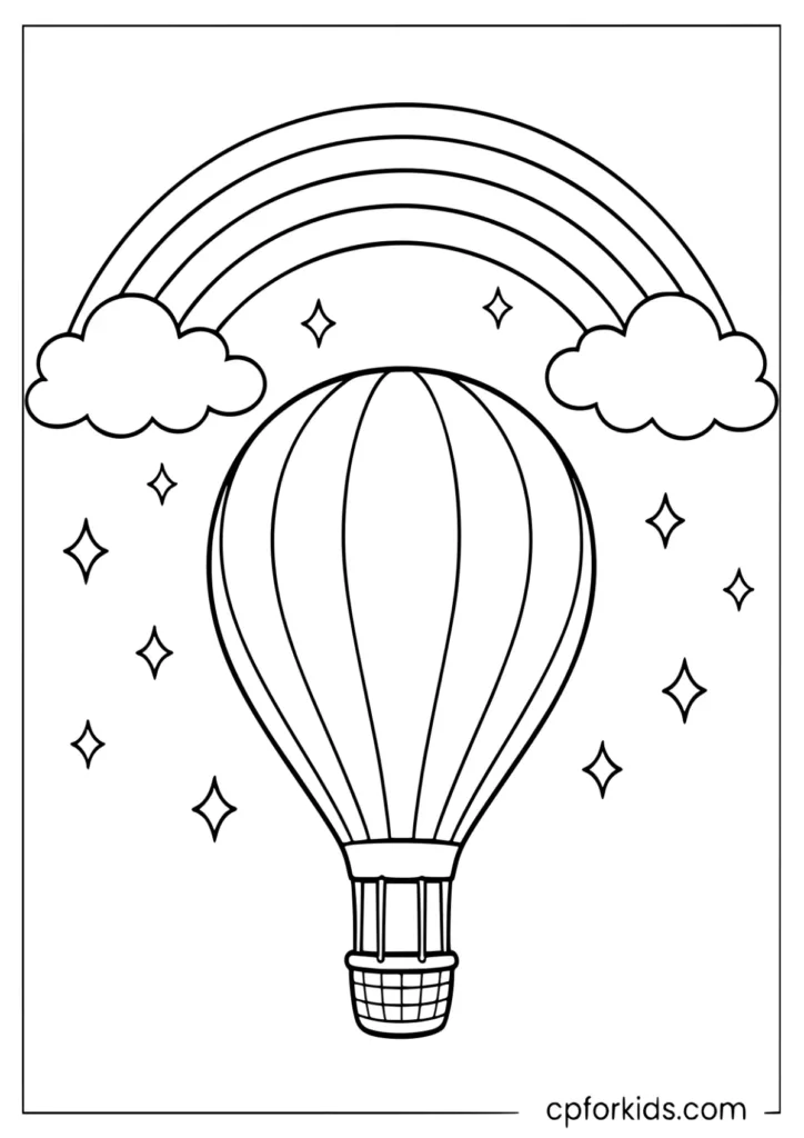 Hot air balloon with rainbow sky coloring page