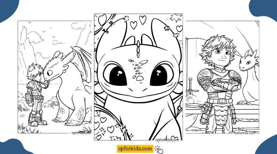 Three How to Train Your Dragon coloring pages featuring Hiccup and Toothless