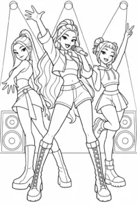 Rumi, Mira, and Zoey performing together on stage