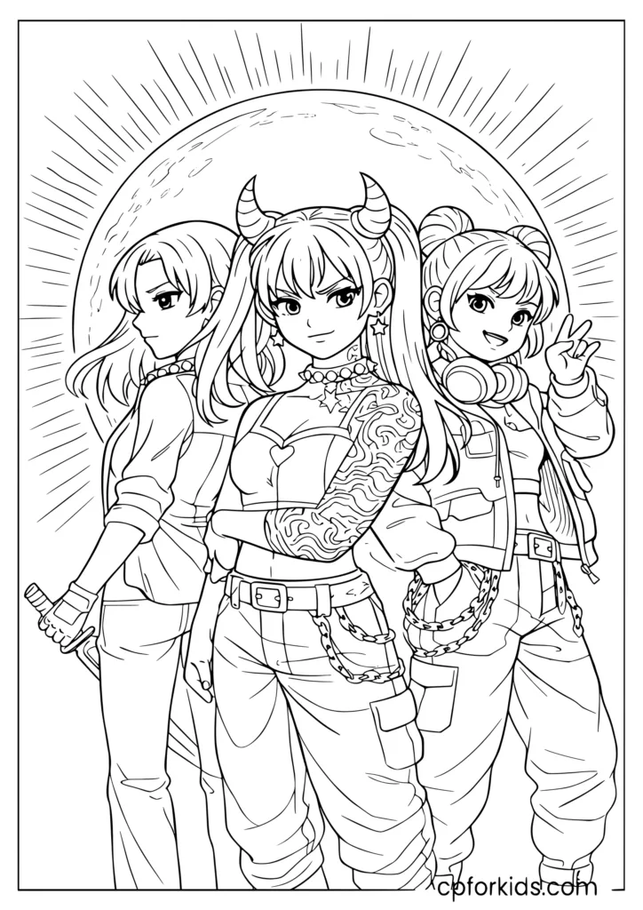 Rumi, Mira and Zoey from HUNTR/X standing back to back with the Honmoon glowing behind them