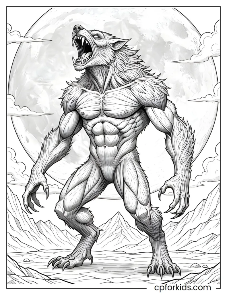 Hyper-detailed full body drawing of a terrifyingly realistic werewolf, expert level adult coloring page.