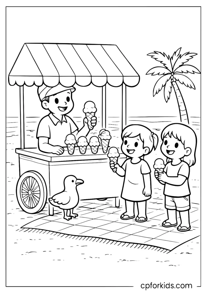 Kids at beach ice cream cart coloring page