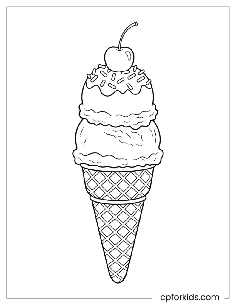 Ice cream coloring page showing a triple-scoop cone with sprinkles and a cherry on top in clean line art.