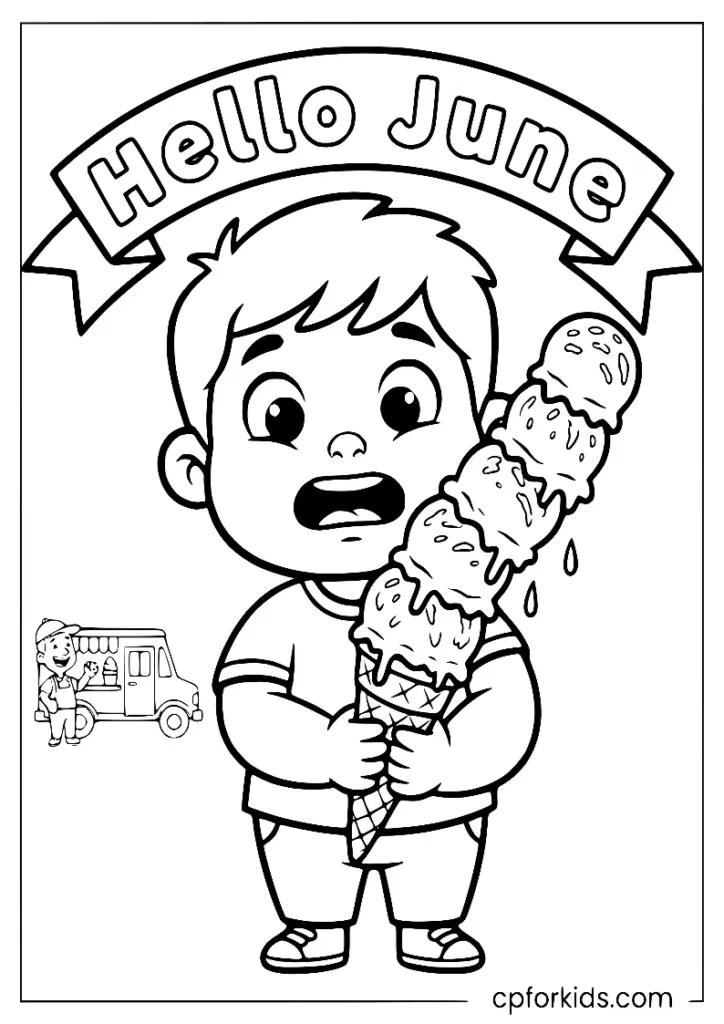 Funny boy with a wobbling 5-scoop ice cream cone on a hot June day coloring page