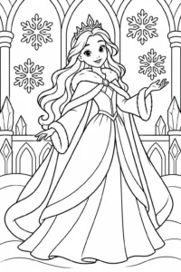 An ice princess surrounded by large snowflakes