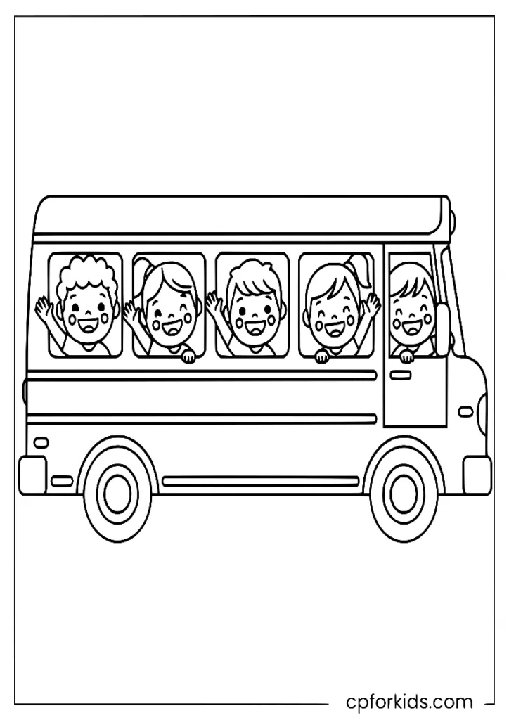 School bus with kids waving from windows, back to school coloring page
