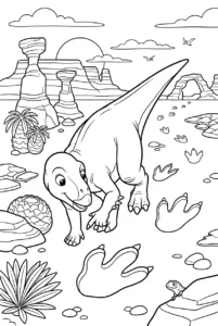 Cute Iguanodon discovering giant dinosaur footprints