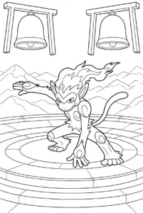 Infernape training on a circular stone terrace in the mountains