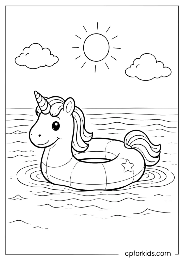 Inflatable unicorn float on ocean coloring page