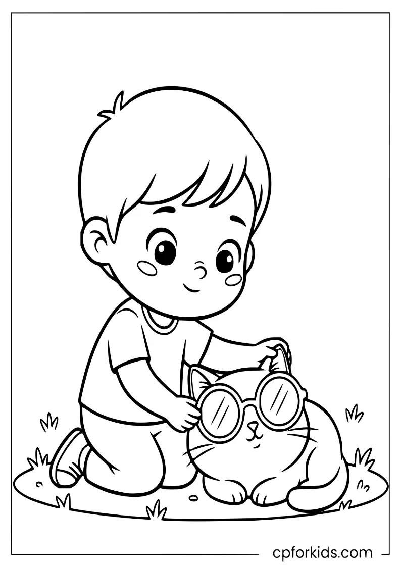 Child placing sunglasses on a sunbathing cat for International Cat Day