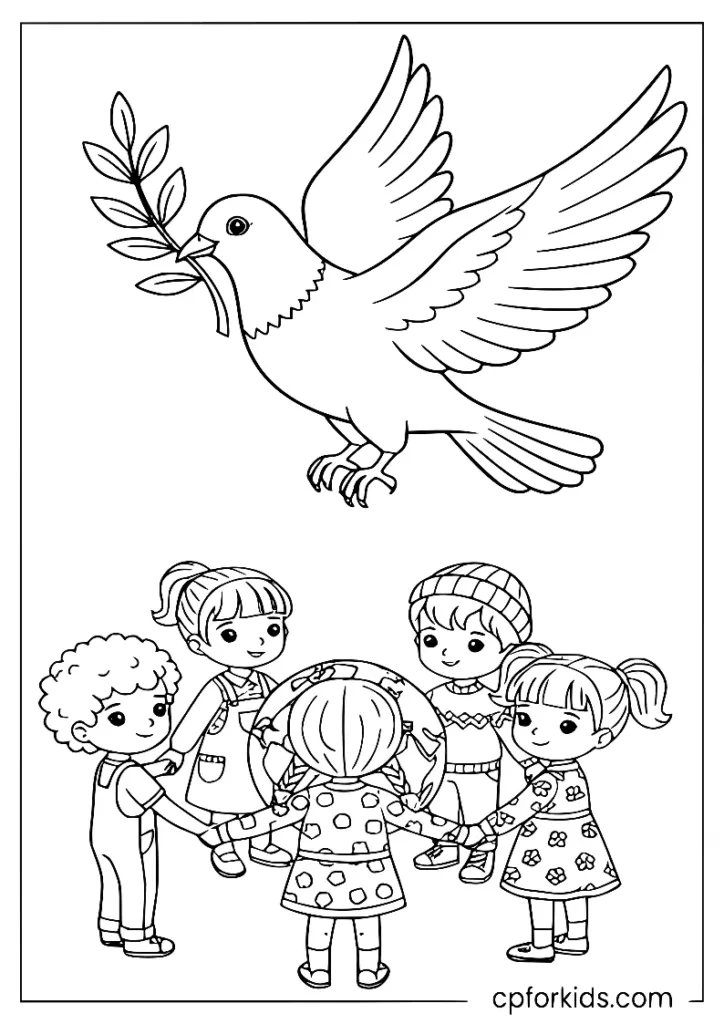 A dove with an olive branch and children holding hands around the world.
