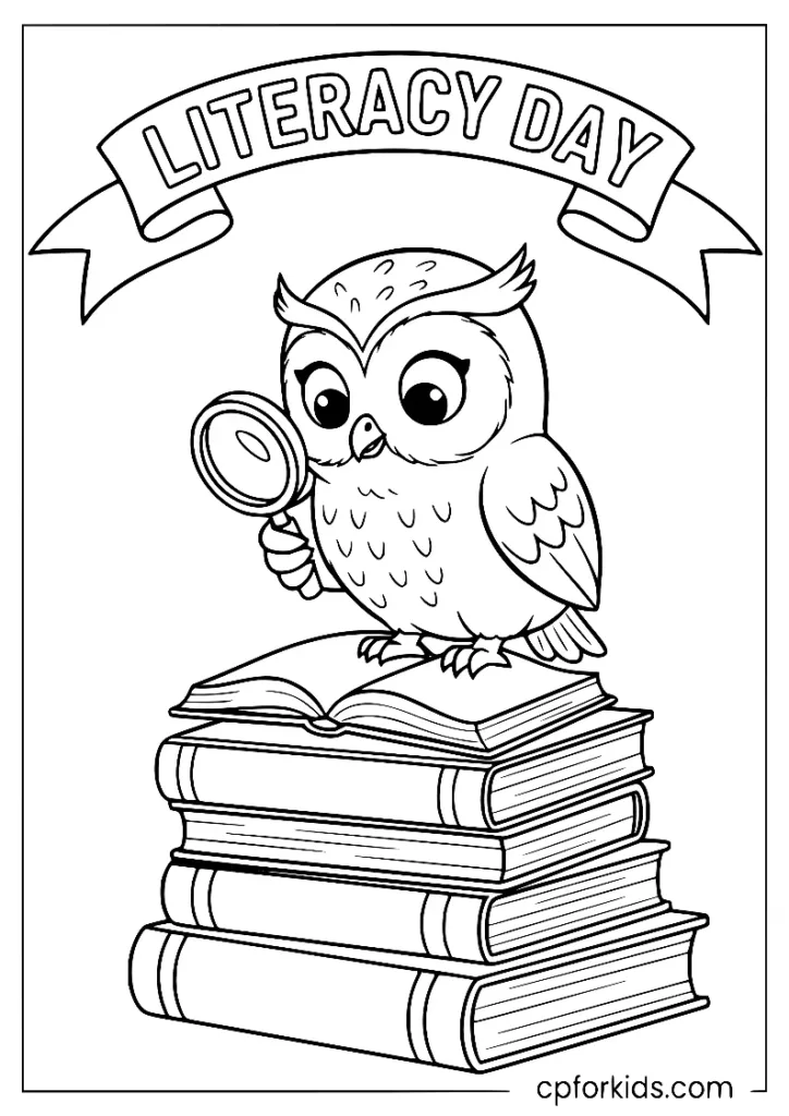 An owl wearing glasses and reading a book on a pile of library books.