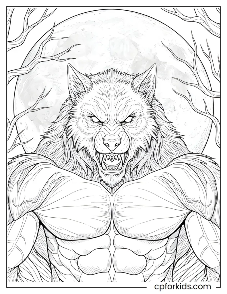 Intricate werewolf portrait focusing on deep shadows and texture, advanced adult coloring page.