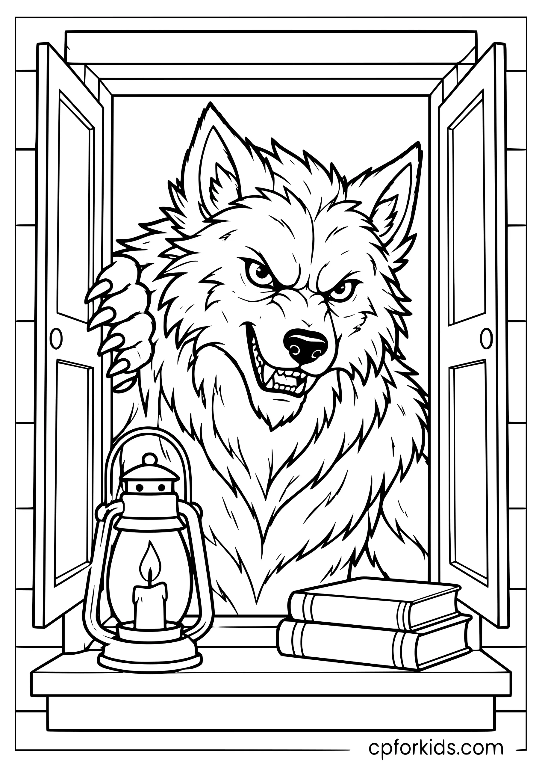 Werewolf peering through a cabin window above a lantern