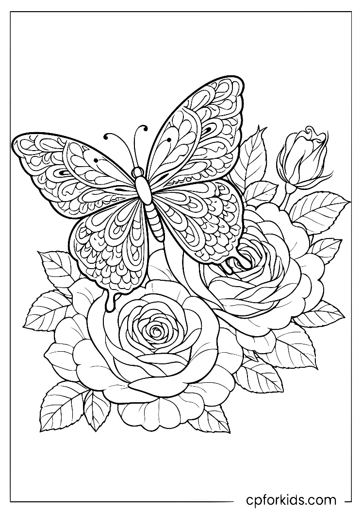Patterned butterfly above roses, a bud and leaves