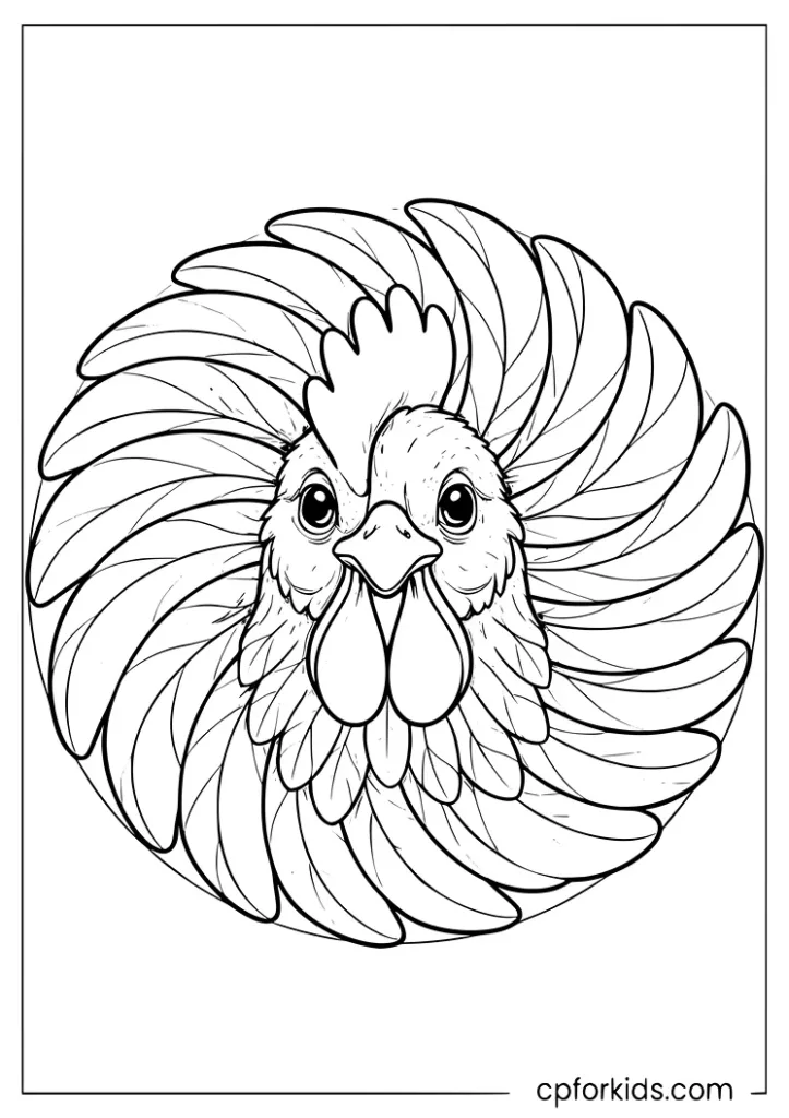 Intricate chicken mandala with decorative feathers coloring page