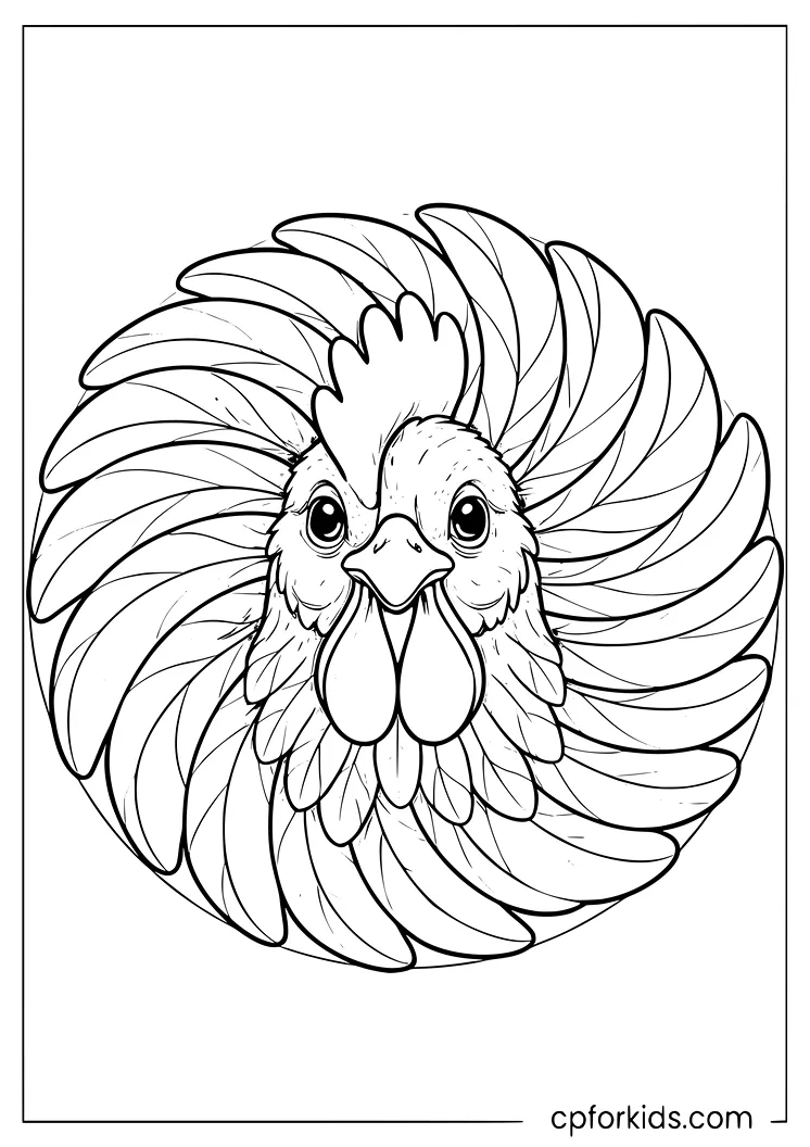 Intricate chicken mandala with decorative feathers