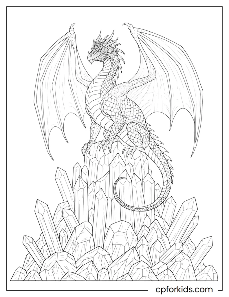 Intricate Fantasy Line Art Coloring Pages Intricate fantasy coloring page showing a detailed dragon perched on a crystal mountain with finely drawn scales.
