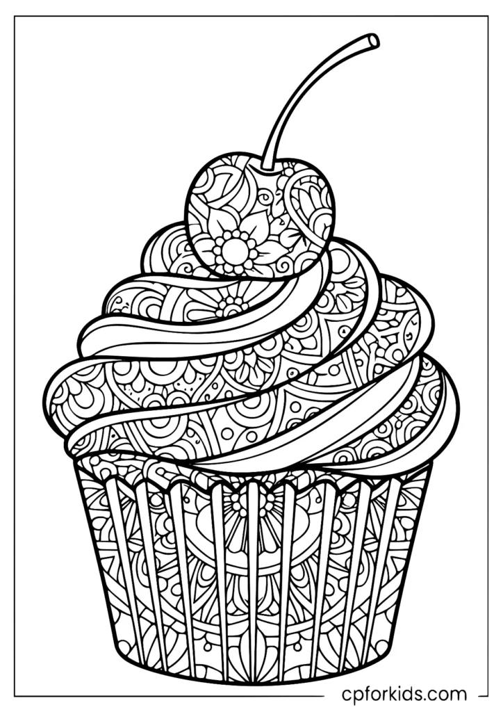 Mandala cupcake filled with intricate geometric patterns to color