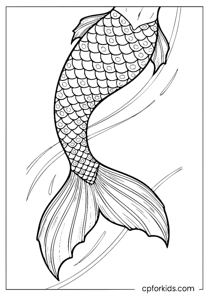 Intricate mermaid tail coloring page with large shining scales