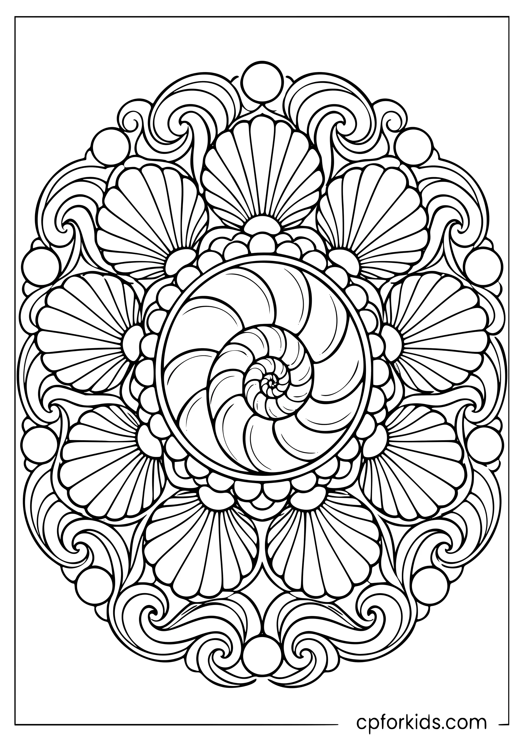 Spiral nautilus shell surrounded by fan-shaped seashell patterns
