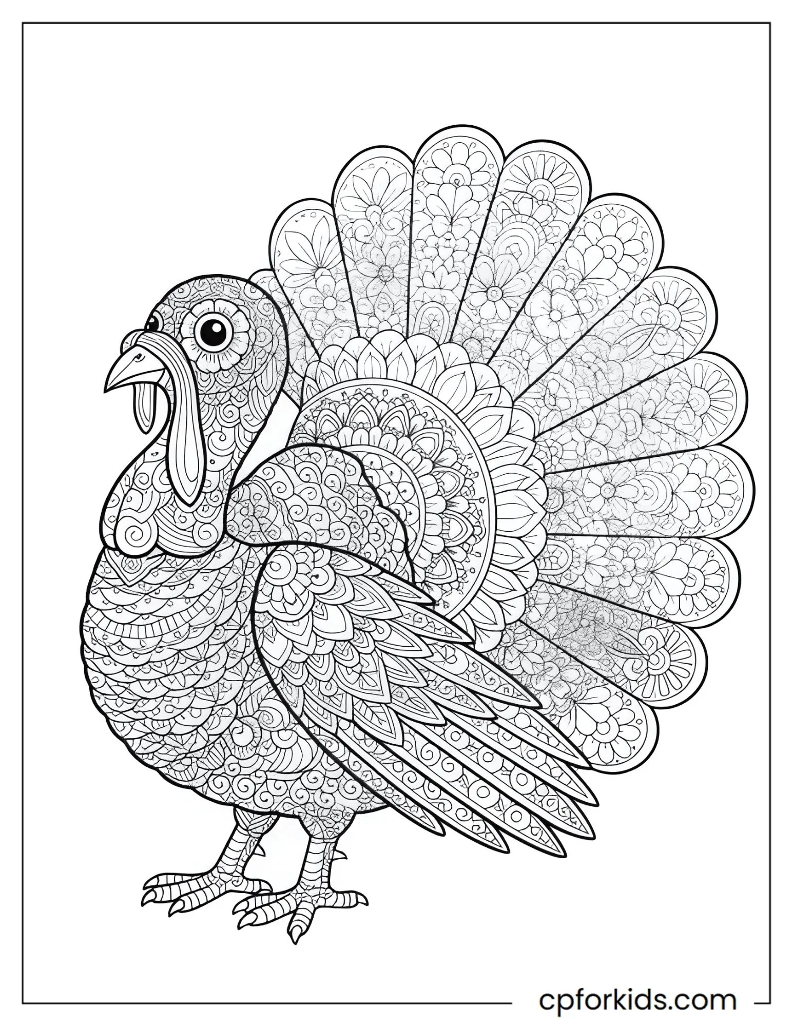 Turkey covered in floral patterns with a large tail