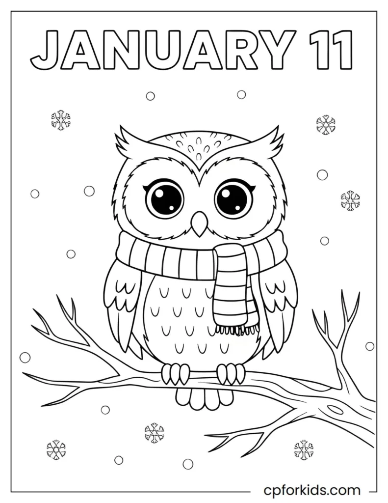 Sweet winter owl perched on a snow-covered tree branch for January 11th coloring.