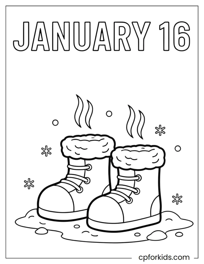 Chunky winter footwear surrounded by snowflakes, high-quality January 16 daily art challenge.