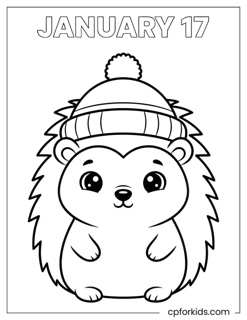 Cottagecore woodland animal illustration: Hedgehog in a knitted hat for January 17 coloring.