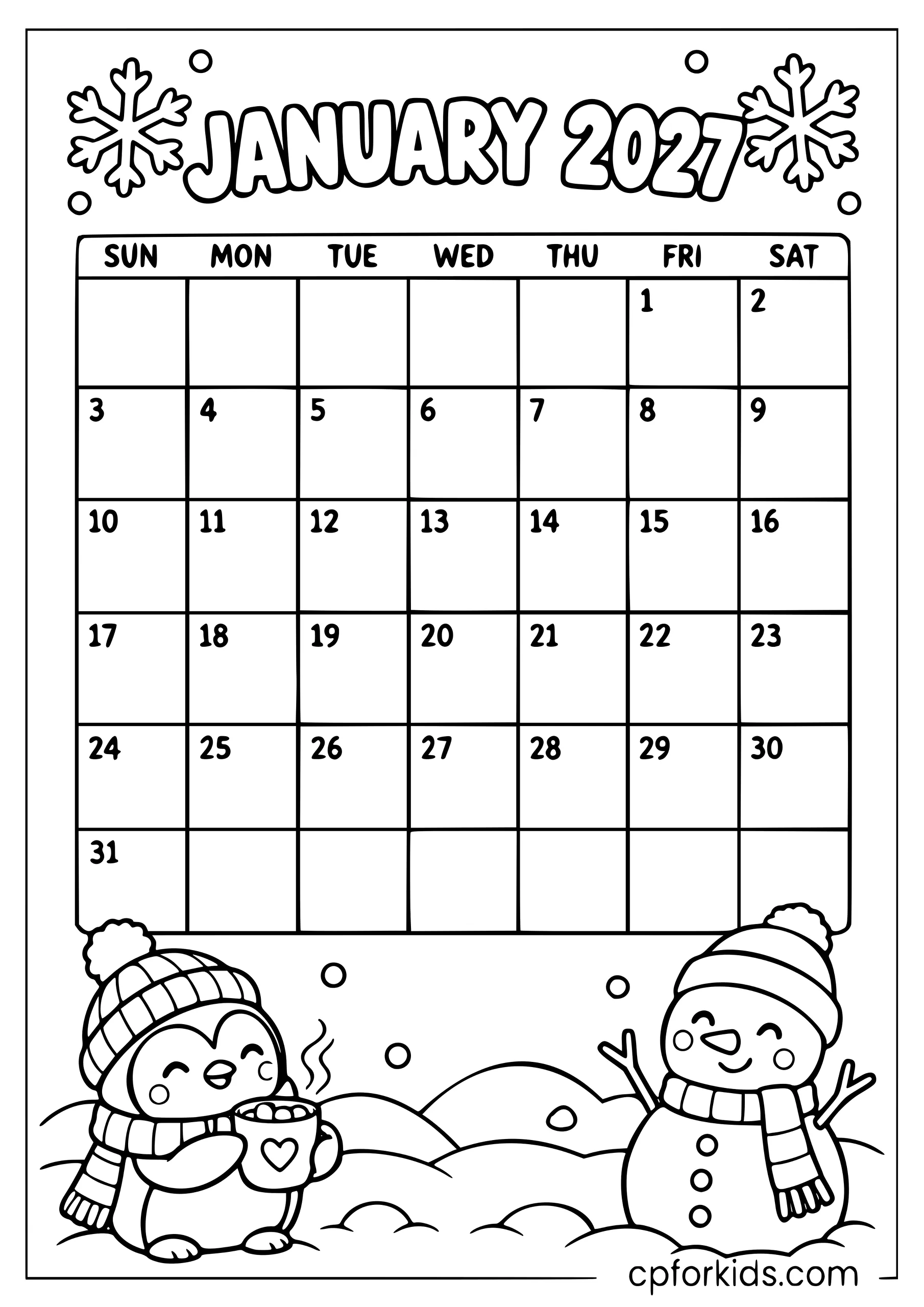 January 2027 calendar with simple winter decorations