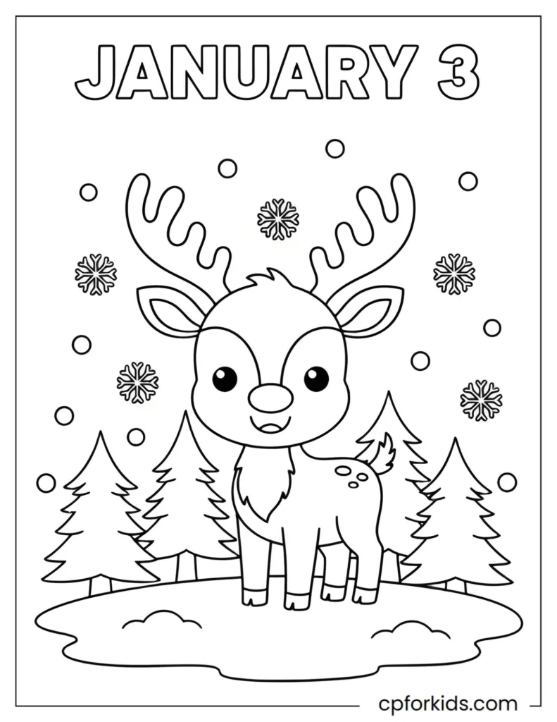 January 3 printable coloring page for kids featuring a cute reindeer in the snow.