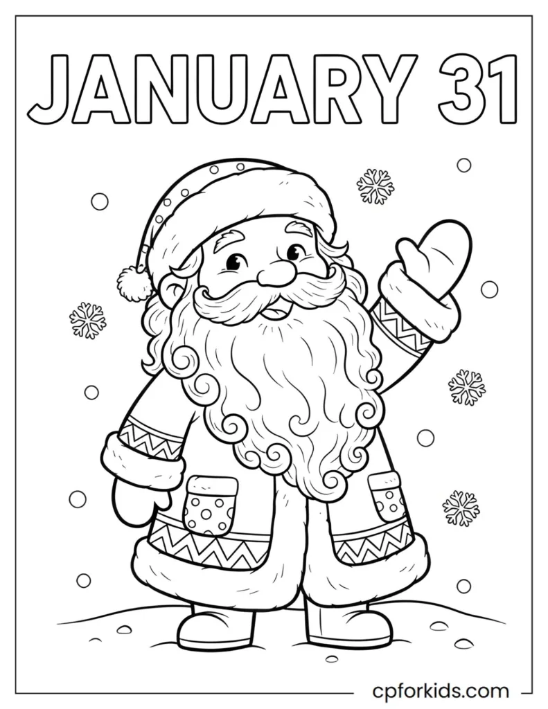 Interactive January 31st coloring page featuring a cute character celebrating the last day of the month.