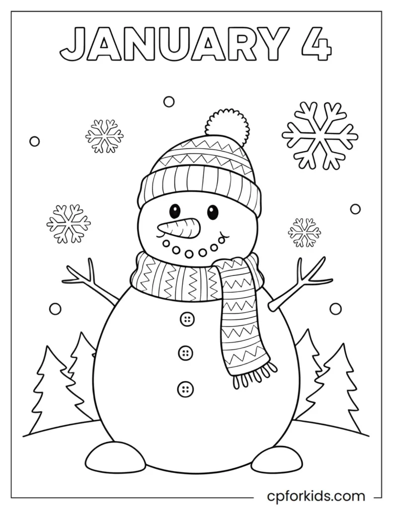 Simple snowman illustration with winter accessories, perfect for January 4 preschool activities.