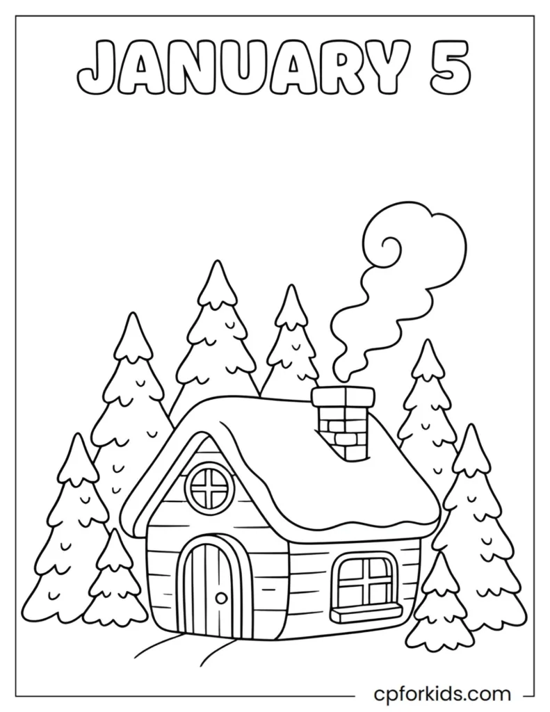 Cozy snowy cottage drawing to color on January 5th, high-quality winter theme.