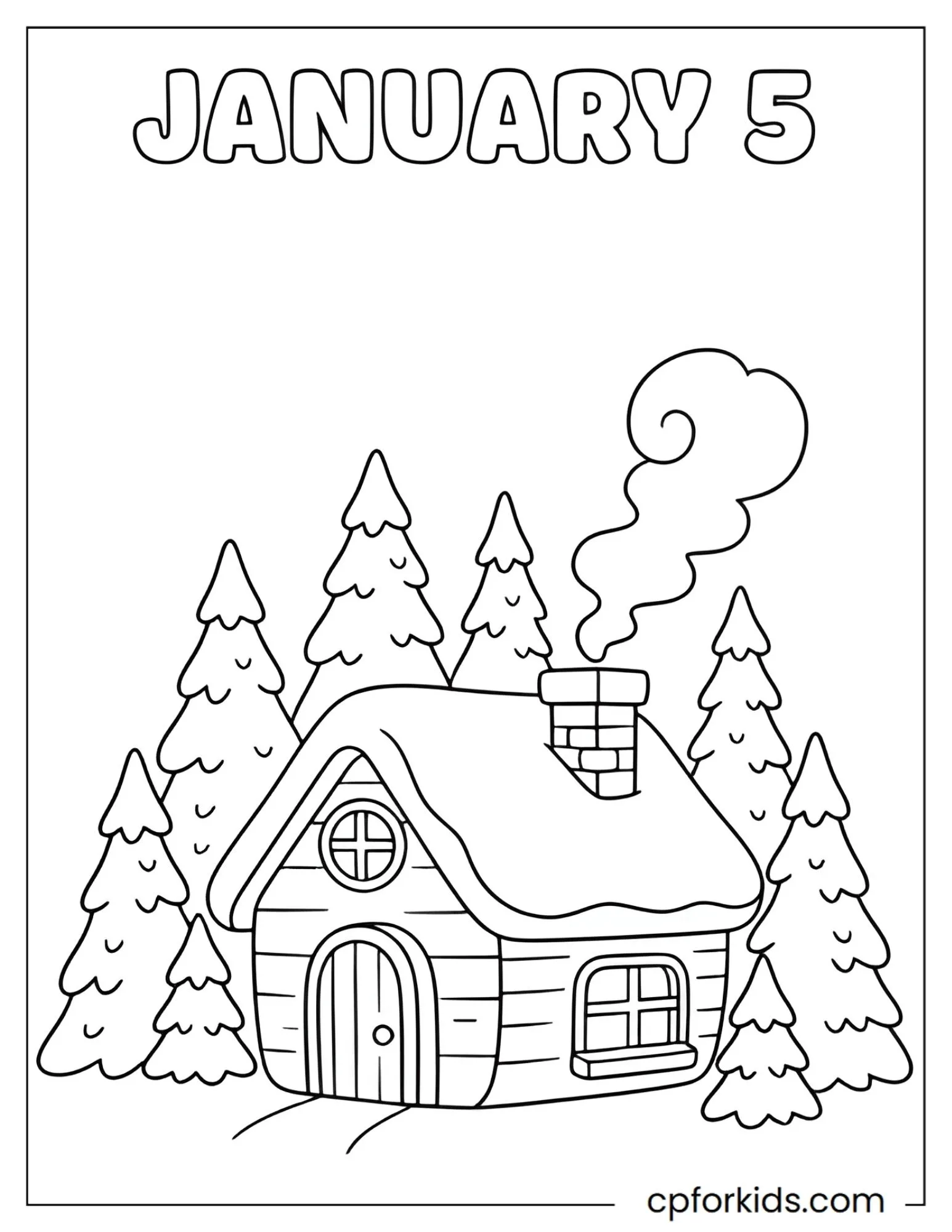 Snow-covered cabin with smoke rising from chimney