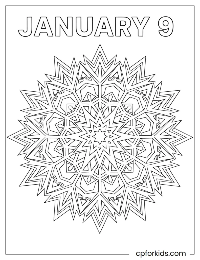 January 9 snowflake mandala coloring page with simple circular winter patterns.