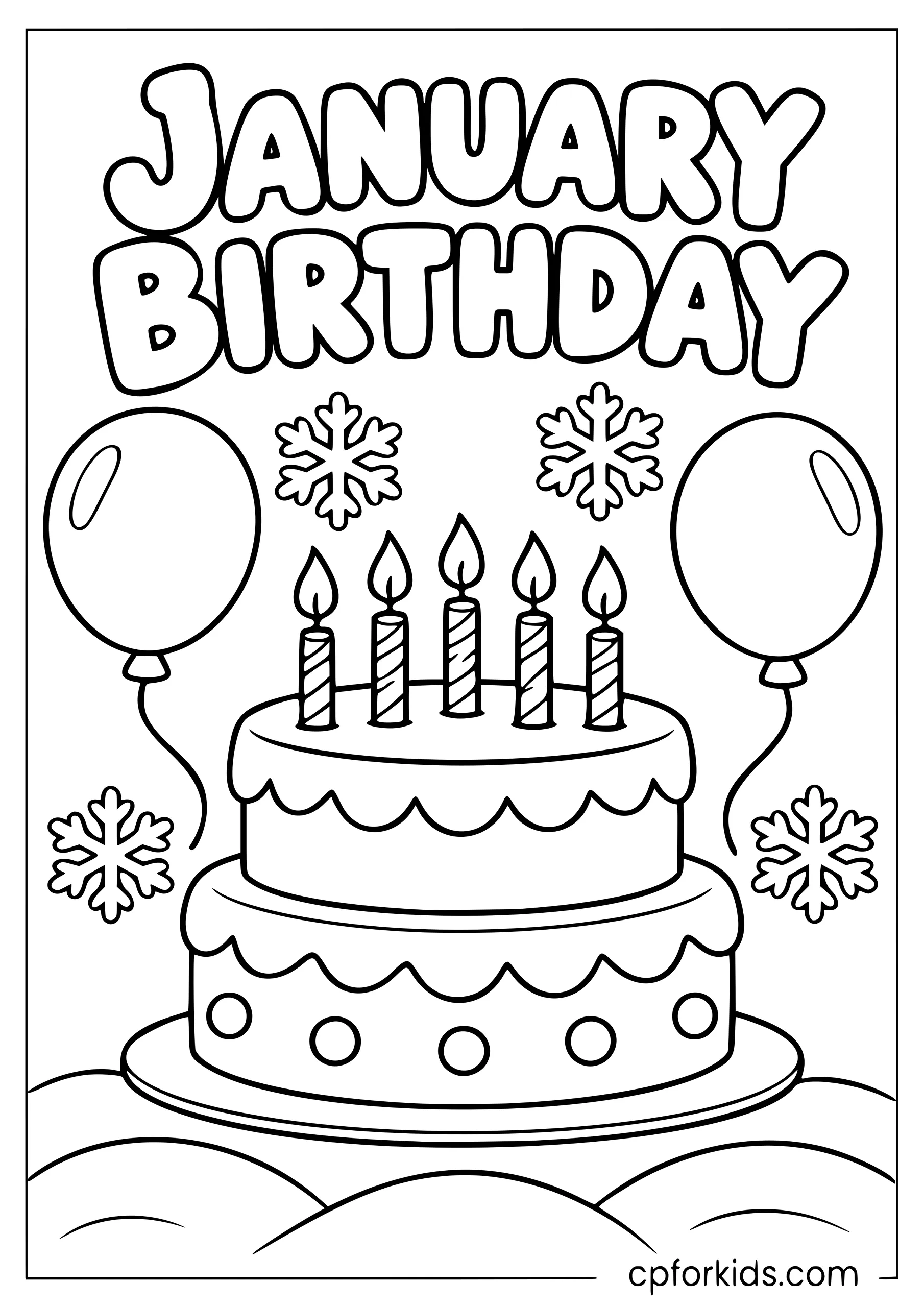 January birthday cake with balloons and snowflakes