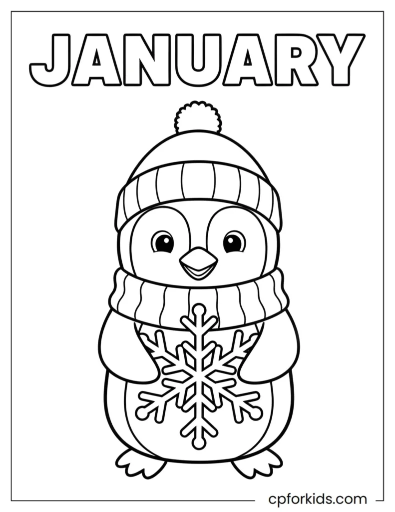 A cute winter A cute winter penguin illustrated on January calendar coloring pages for kids.