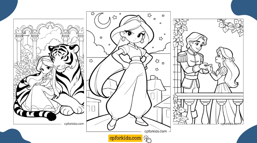 Free printable Jasmine coloring pages — Jasmine with Rajah, Jasmine on Agrabah rooftops, and Jasmine and Aladdin on the palace balcony