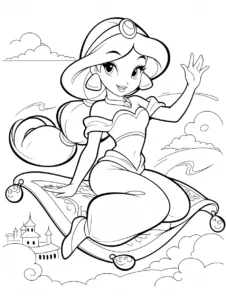 Jasmine riding a magic carpet above the palace