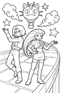 Jessie and James posing together with a Team Rocket balloon behind