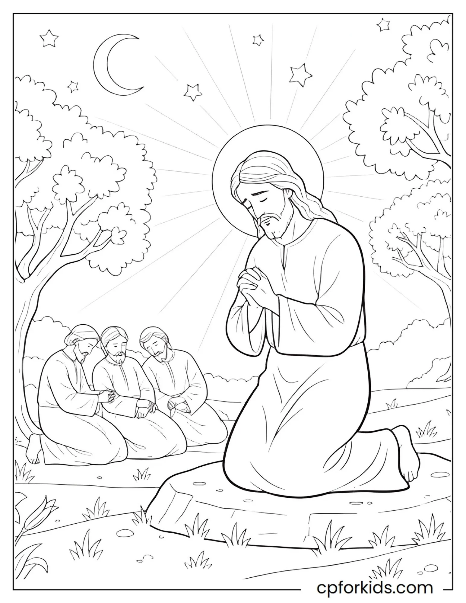 Jesus kneeling in prayer inside a garden