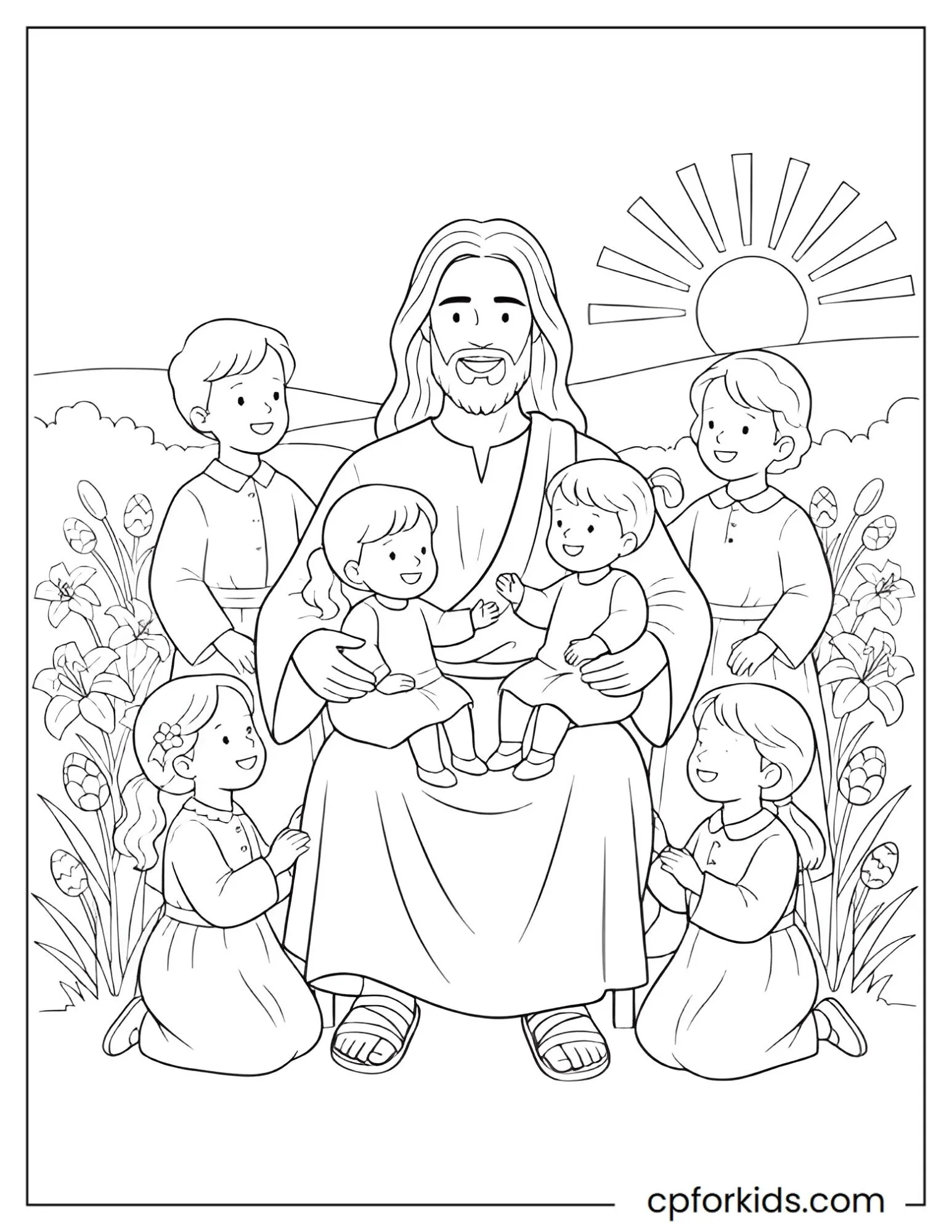 Jesus standing with a group of children