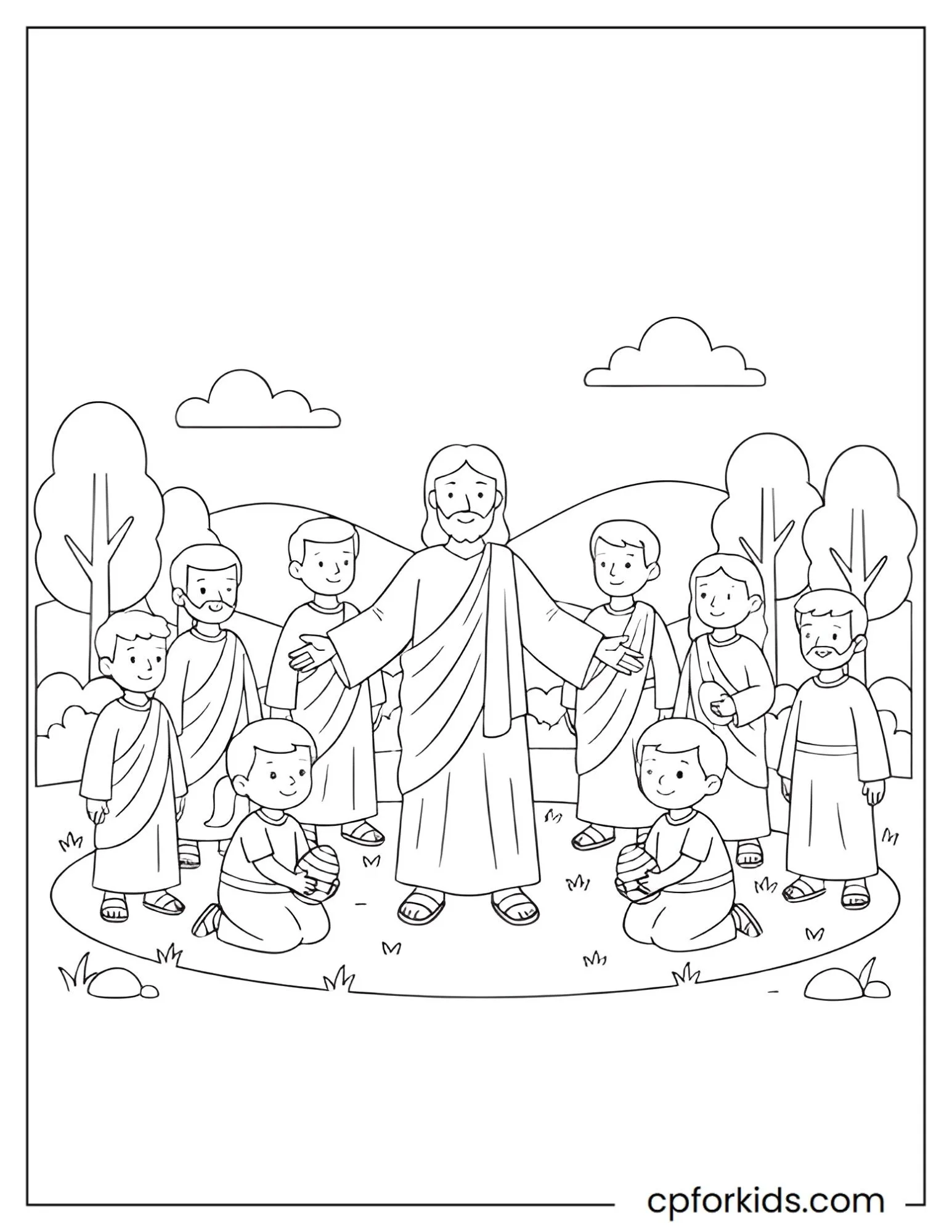 Jesus standing together with his disciples