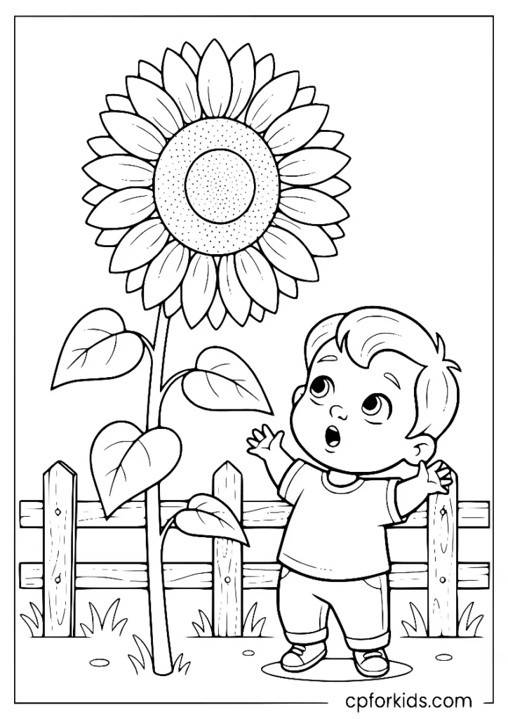 Child measuring height against a giant sunflower in June coloring sheet