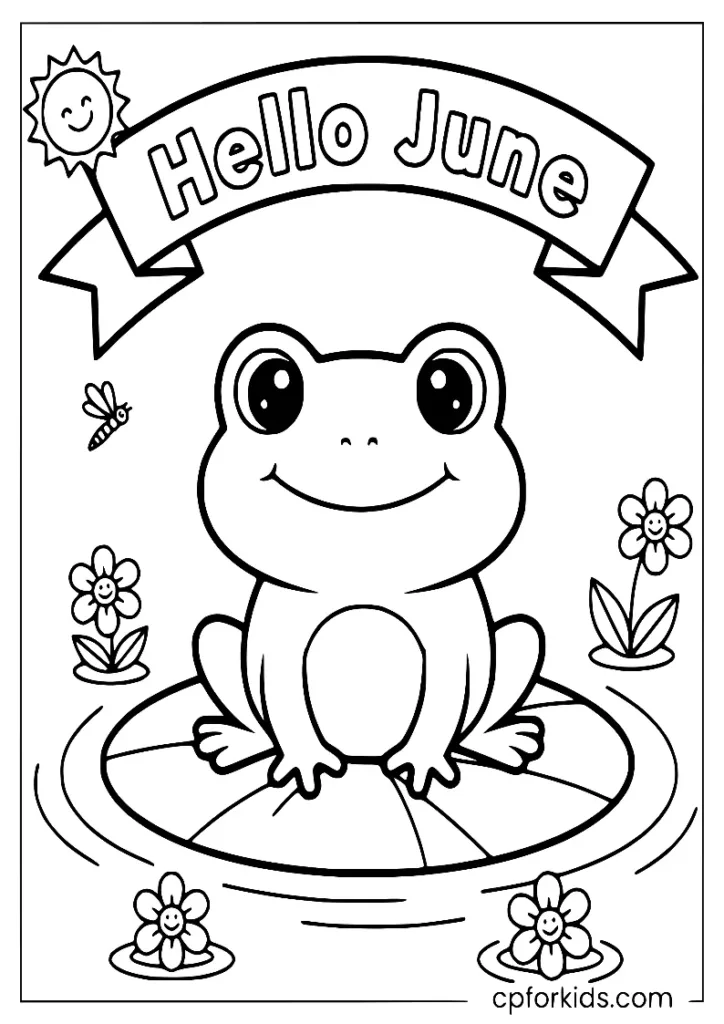Friendly frog sitting on a lily pad in a June pond coloring page