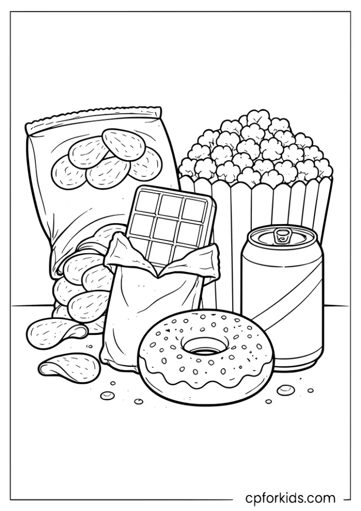 Junk food snacks collection coloring page with chips donut and candy for kids
